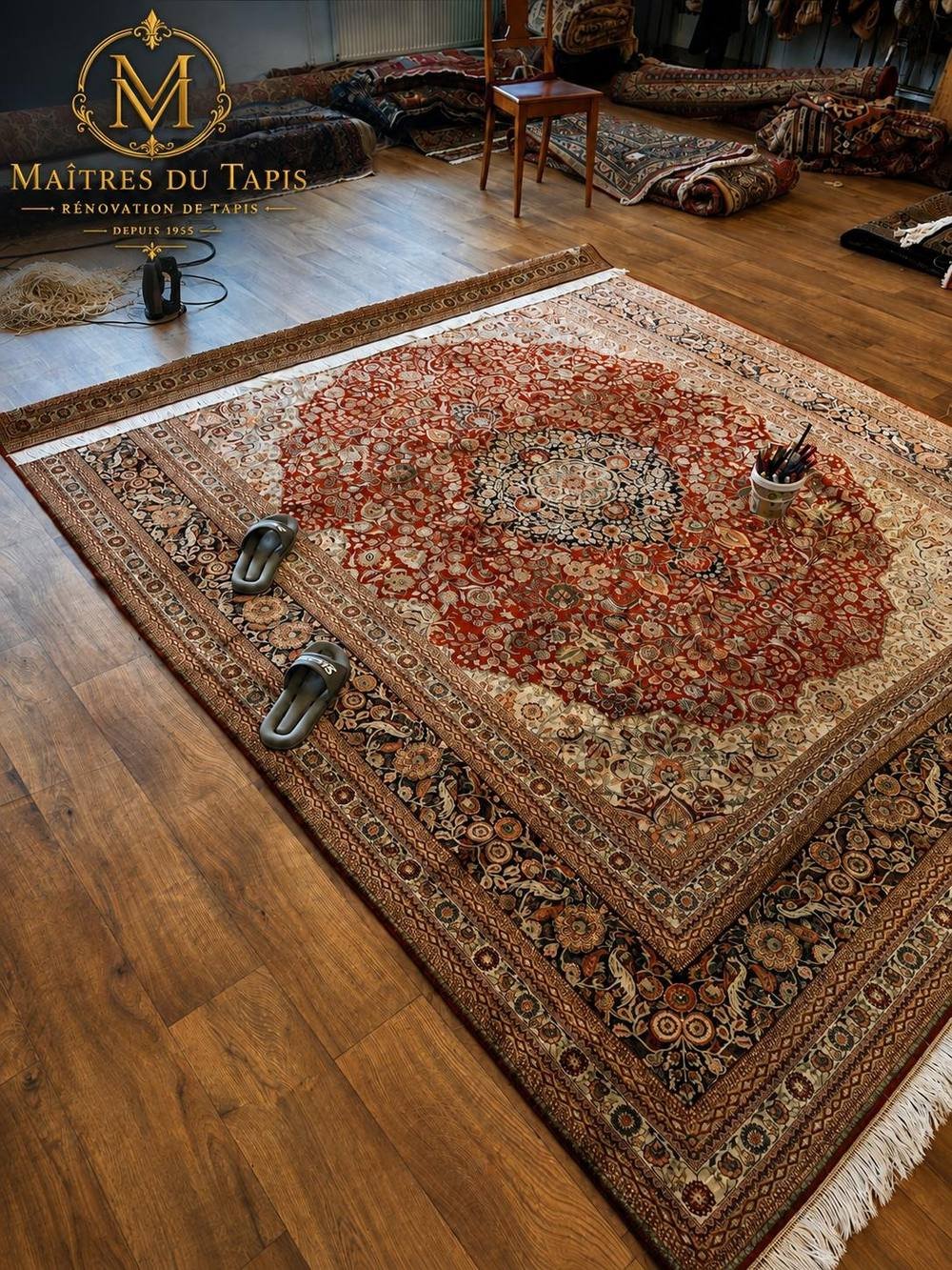 Tapis en soie et laine à décor floral, étalé à plat