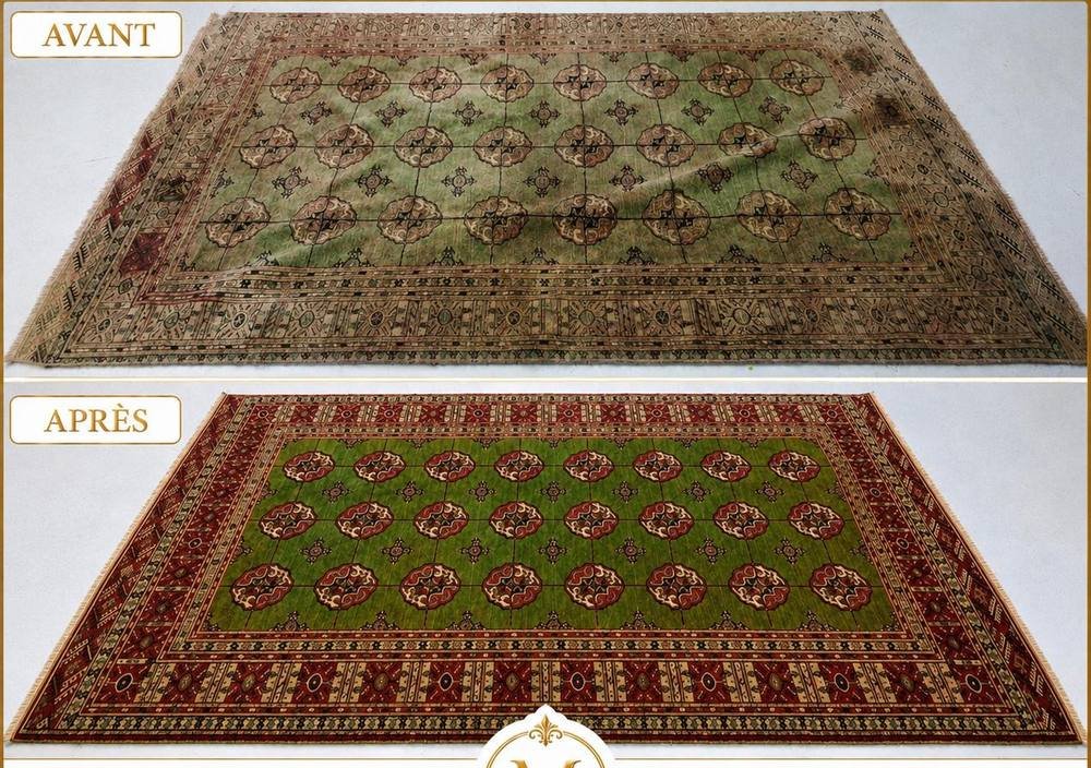 Tapis Boukhara à fond vert avant et après traitement : le champ et la bordure ont retrouvé leur couleur