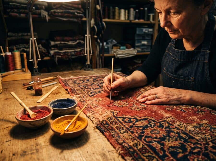 Restaurateur retouchant à la main la couleur d’une zone usée d’un tapis
