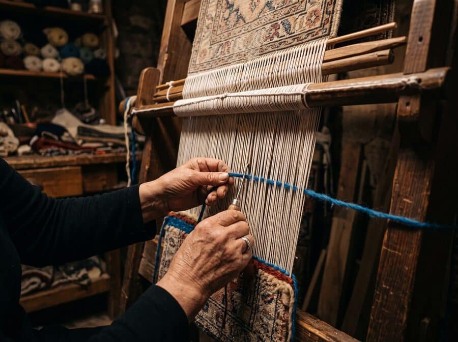 Artisan retissant la trame d’un tapis ancien sur un métier vertical